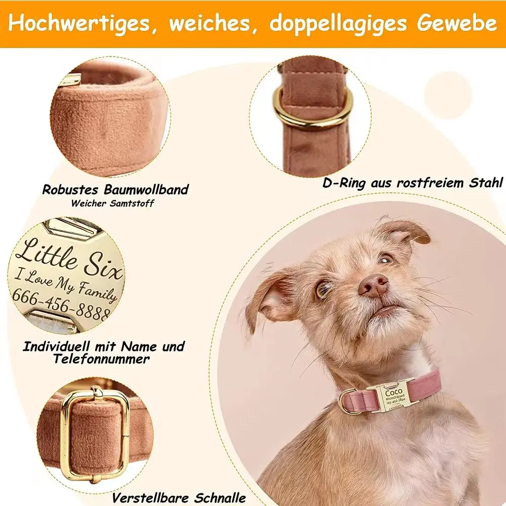 Coleira para Cães de Veludo Personalizada Ajustável com Gravação - Imagem 2