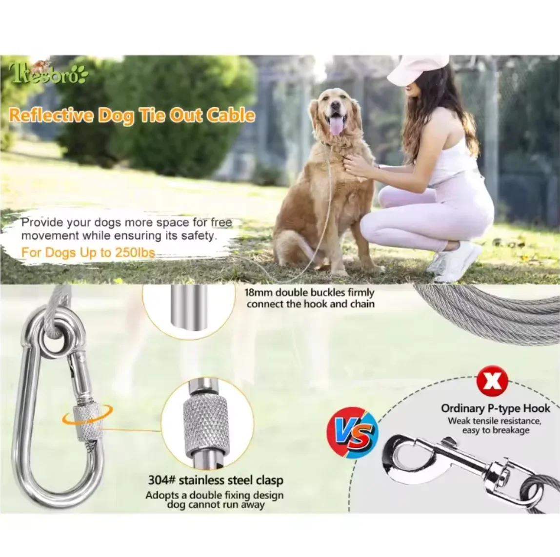 Trelas Duplas de Aço para Cães 4.6m com Fivela de Metal - Imagem 3