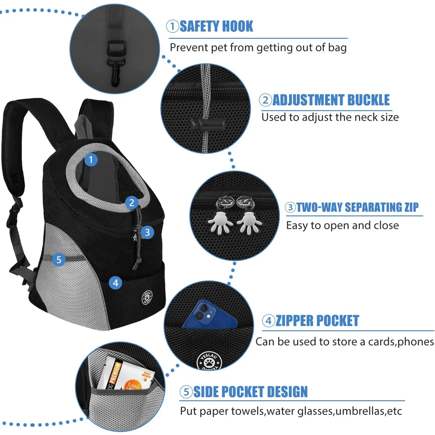 Mochila Canguru para Cães Pequenos e Gatos com Bolsos Frontais - Imagem 5