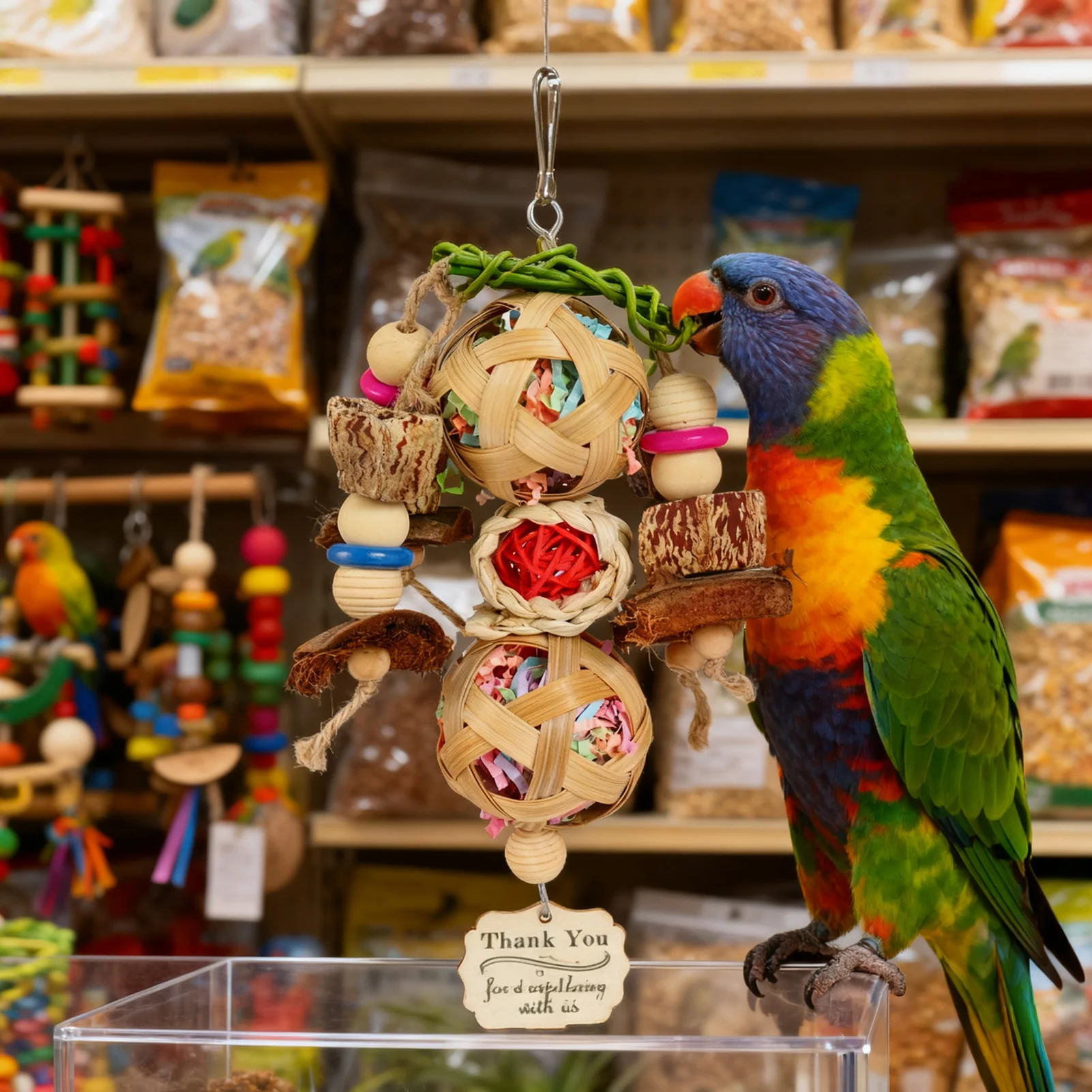 Brinquedo para Papagaios com Gancho de Madeira e Fibras Naturais - Imagem 3