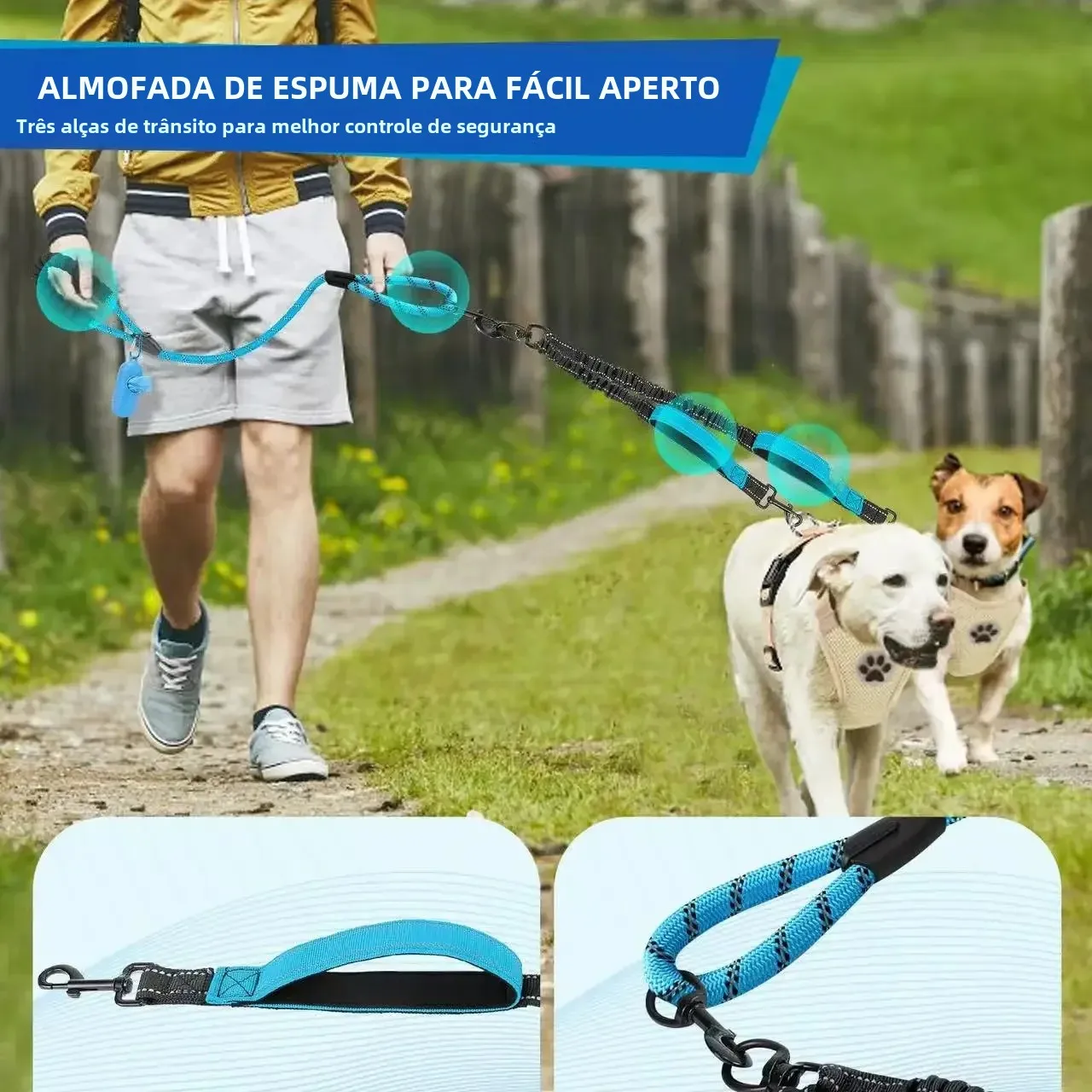 Guia Dupla para Cães com Duas Alças e Faixa Reflexiva - Imagem 2