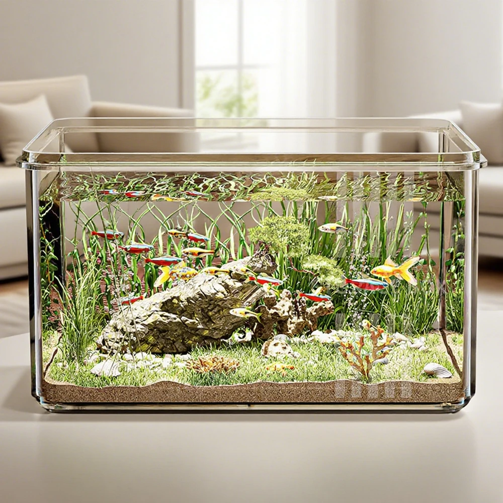 Aquário Retangular Transparente para Mesa com Base Branca - Imagem 2