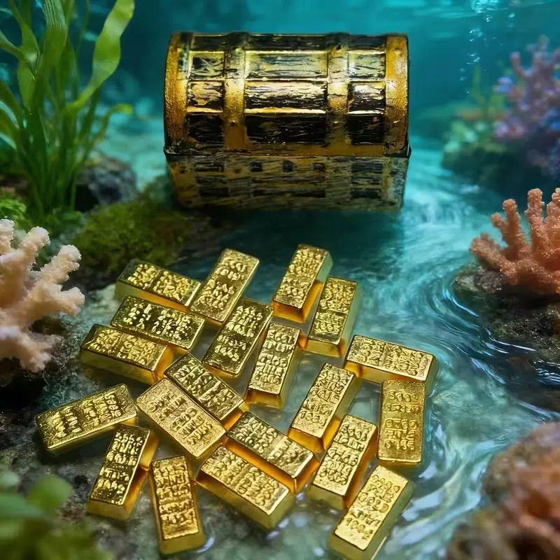 Mini Baú de Tesouro Pirata para Aquário com Moedas e Barras de Ouro - Imagem 5
