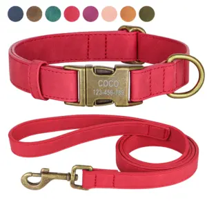 coleira e guia de couro pu personalizável para cães