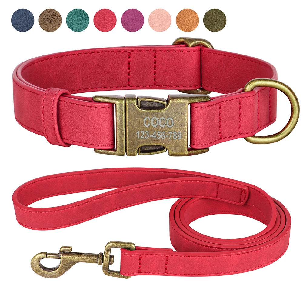 coleira e guia de couro pu personalizável para cães