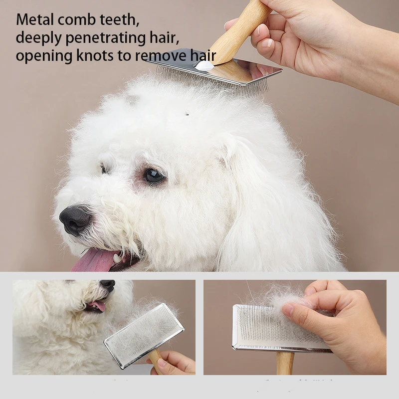 Escova para Pets de Aço Inoxidável com Cabo de Madeira para Cães e Gatos - Imagem 4