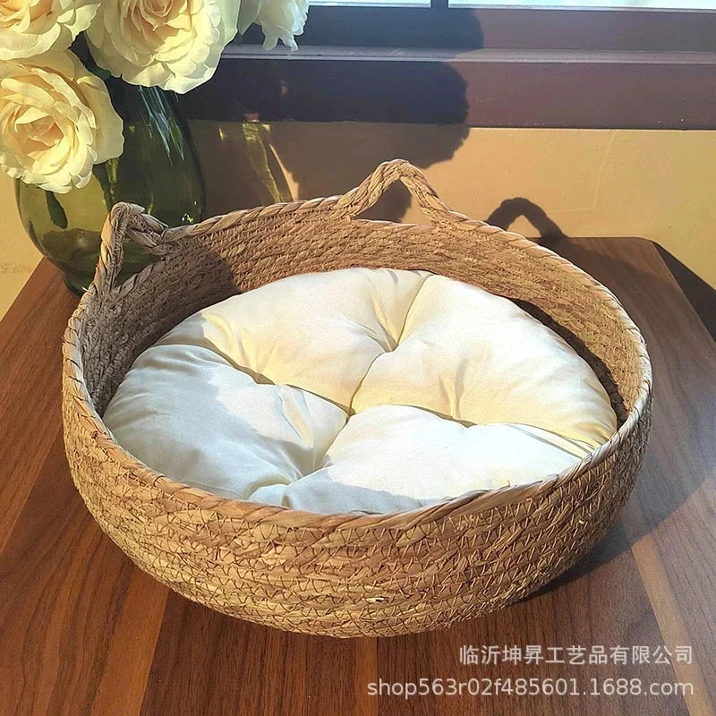 Cama Cesta para Gatos e Cães de Rattan com Almofada Macia 35 cm - Image 3