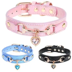 coleira de couro com strass para cães e gatos