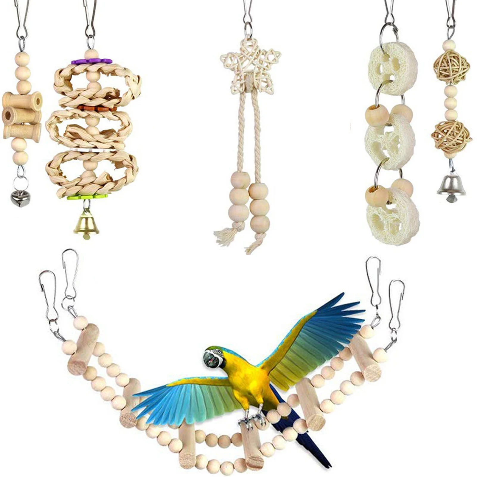 Brinquedos para Pássaros Kit 8 Peças de Madeira com Gancho para Gaiola - Imagem 5