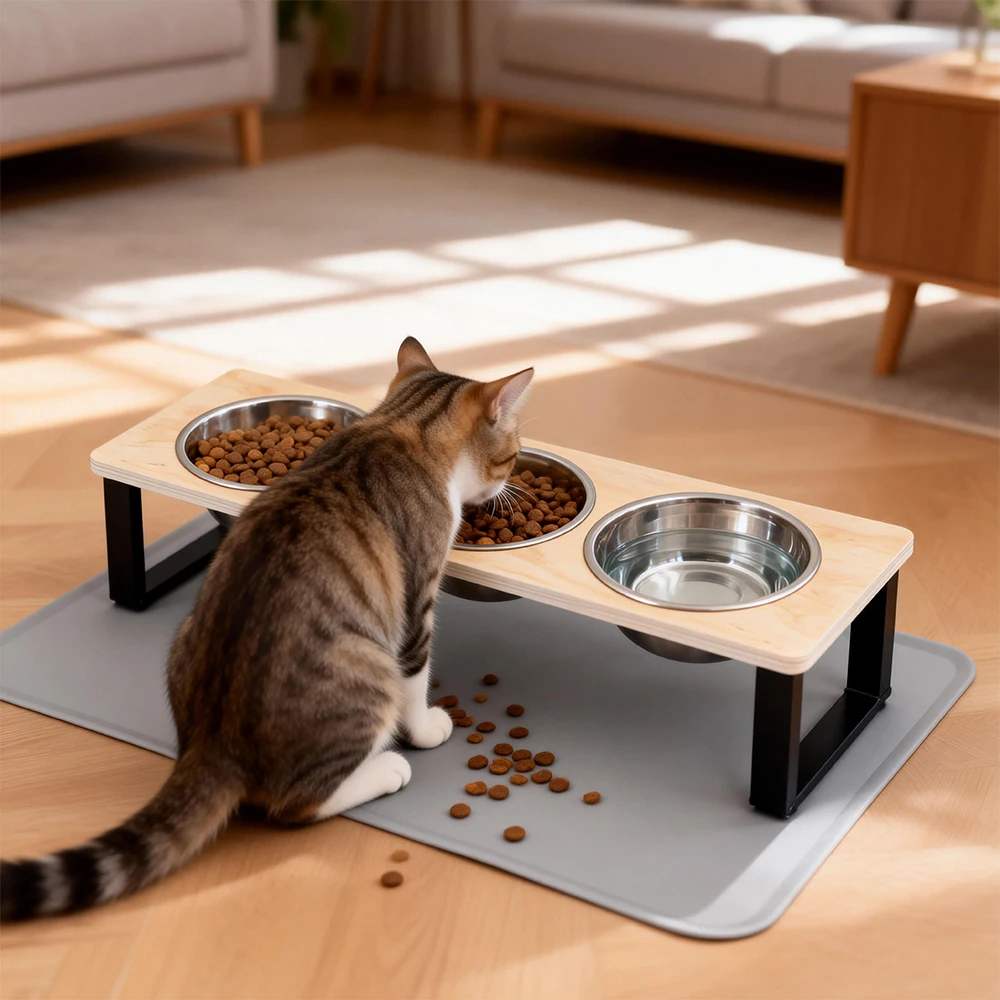 Suporte para 3 Tigelas de Gato com Estrutura de Ferro e Tapete Antiderrapante - Imagem 3