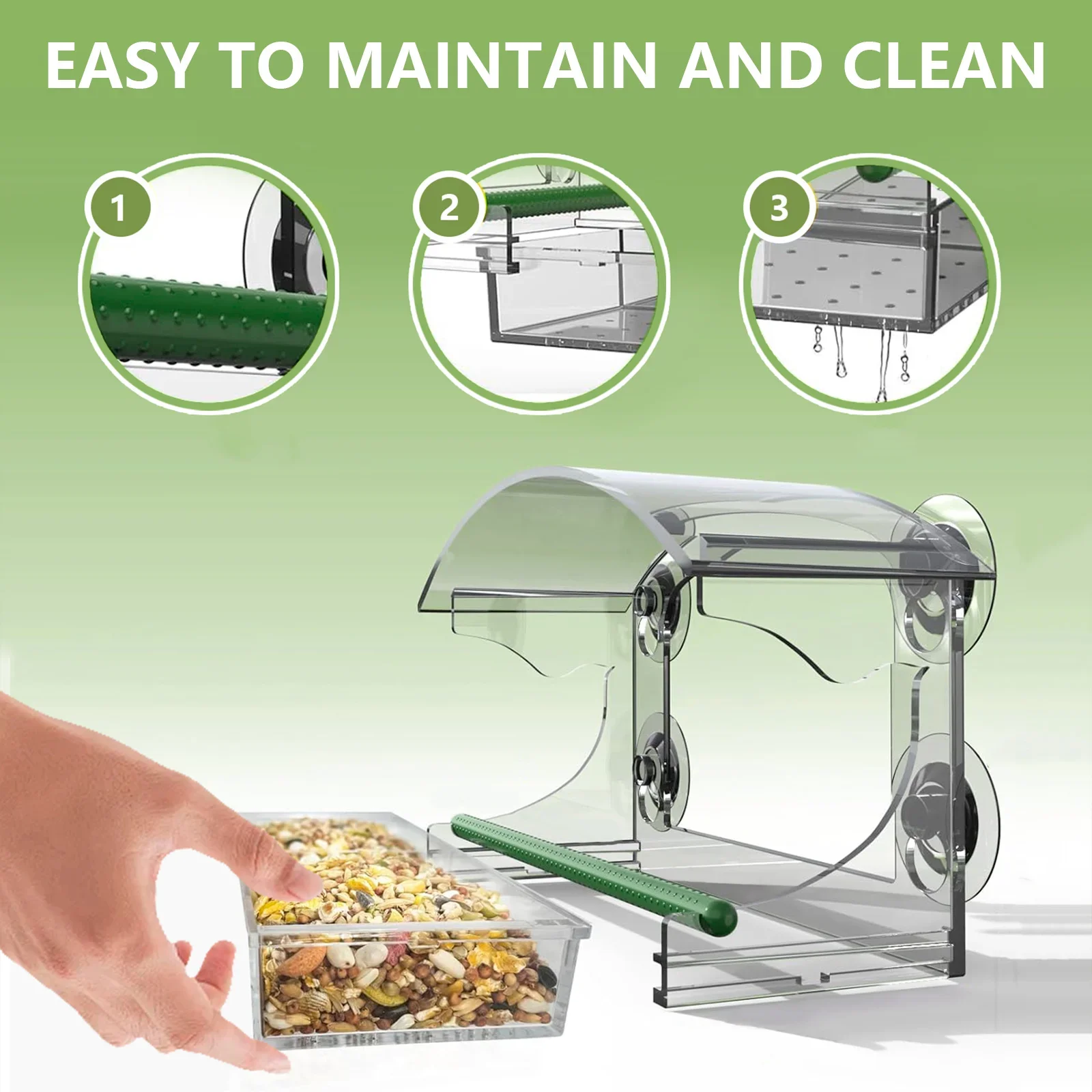 Alimentador de Pássaros Transparente com Ventosas e Bandeja Removível - Imagem 4