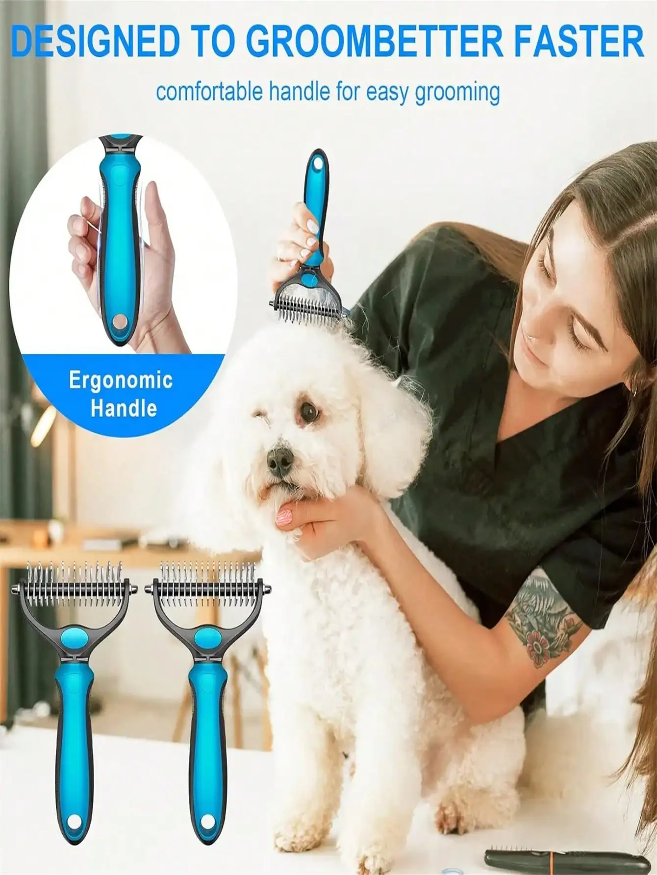 Ancinho Ergonômico para Cães Dupla Face com Dentes de Aço Inoxidável - Imagem 6