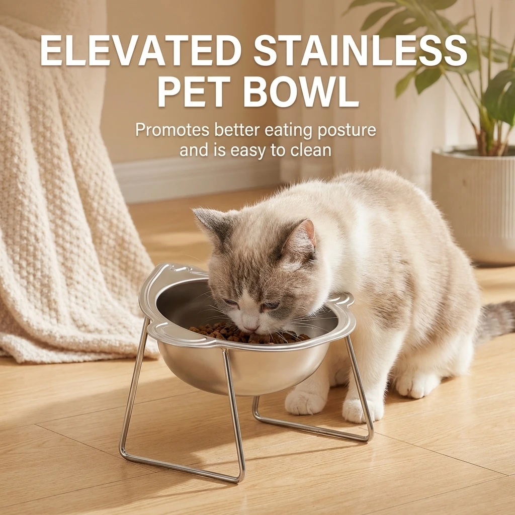 Tigela Dupla para Gatos e Cães de Aço Inoxidável com Suporte Elevado - Imagem 3