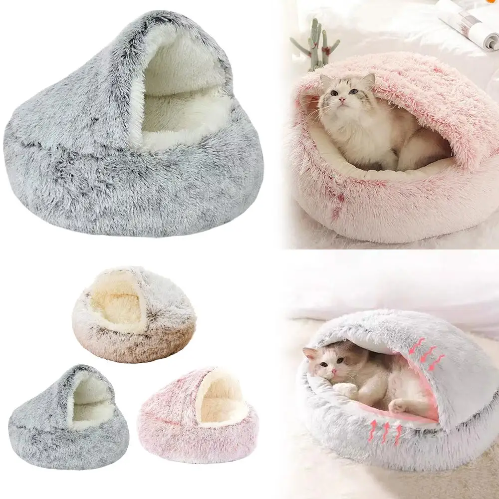 Cama de Pelúcia Redonda para Gatos 40 cm Semifechada Dobrável - Image 2