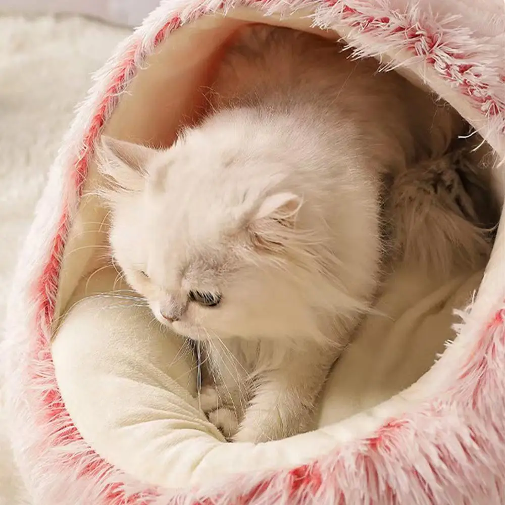 Cama de Pelúcia Redonda para Gatos 40 cm Semifechada Dobrável - Image 5