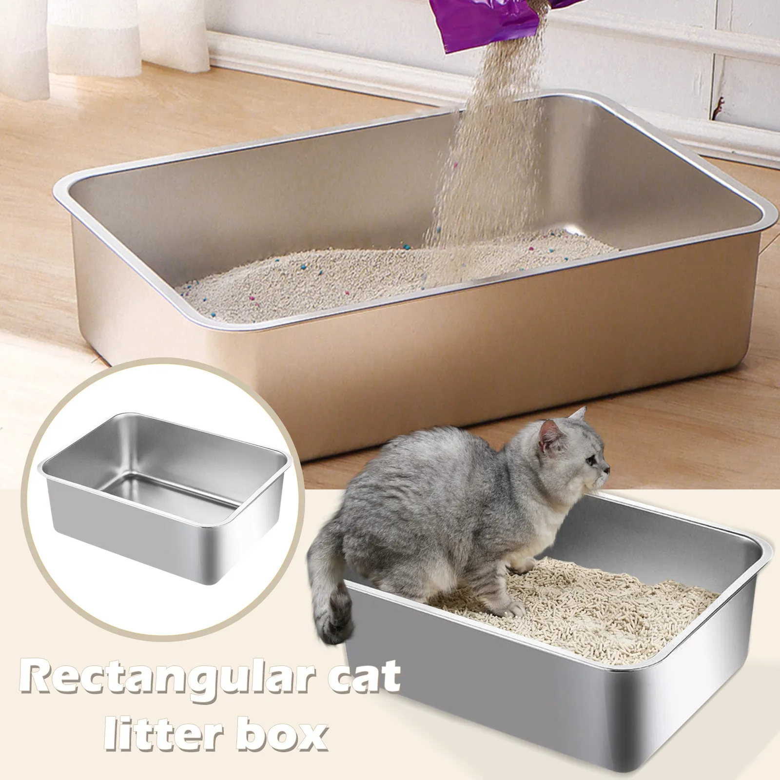 Caixa de Areia Inox para Gatos Grandes 45x35x10 cm Fácil de Limpar - Imagem 3