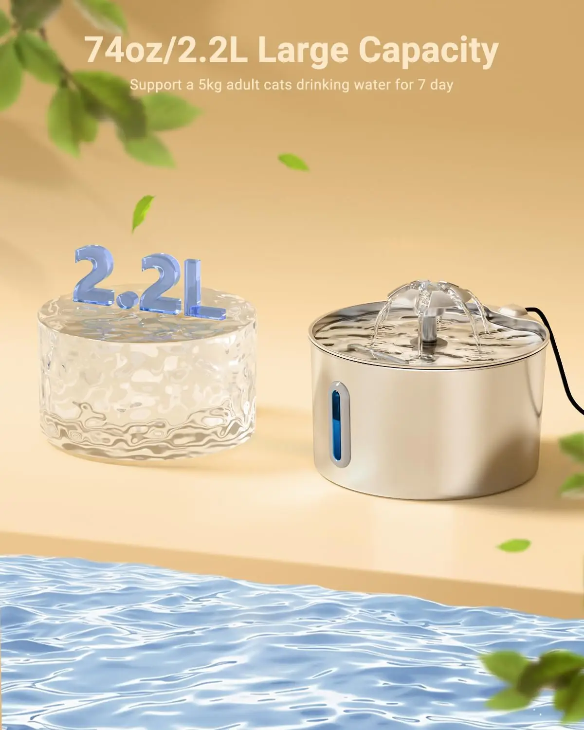 Fonte de Água para Pets 2,2L em Aço Inoxidável com Modo de Saída Dupla - Image 2