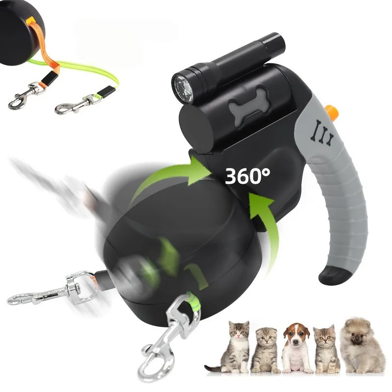 Coleira Retrátil para Cães Duplos com Corda de 3M e Lanterna LED - Imagem 2
