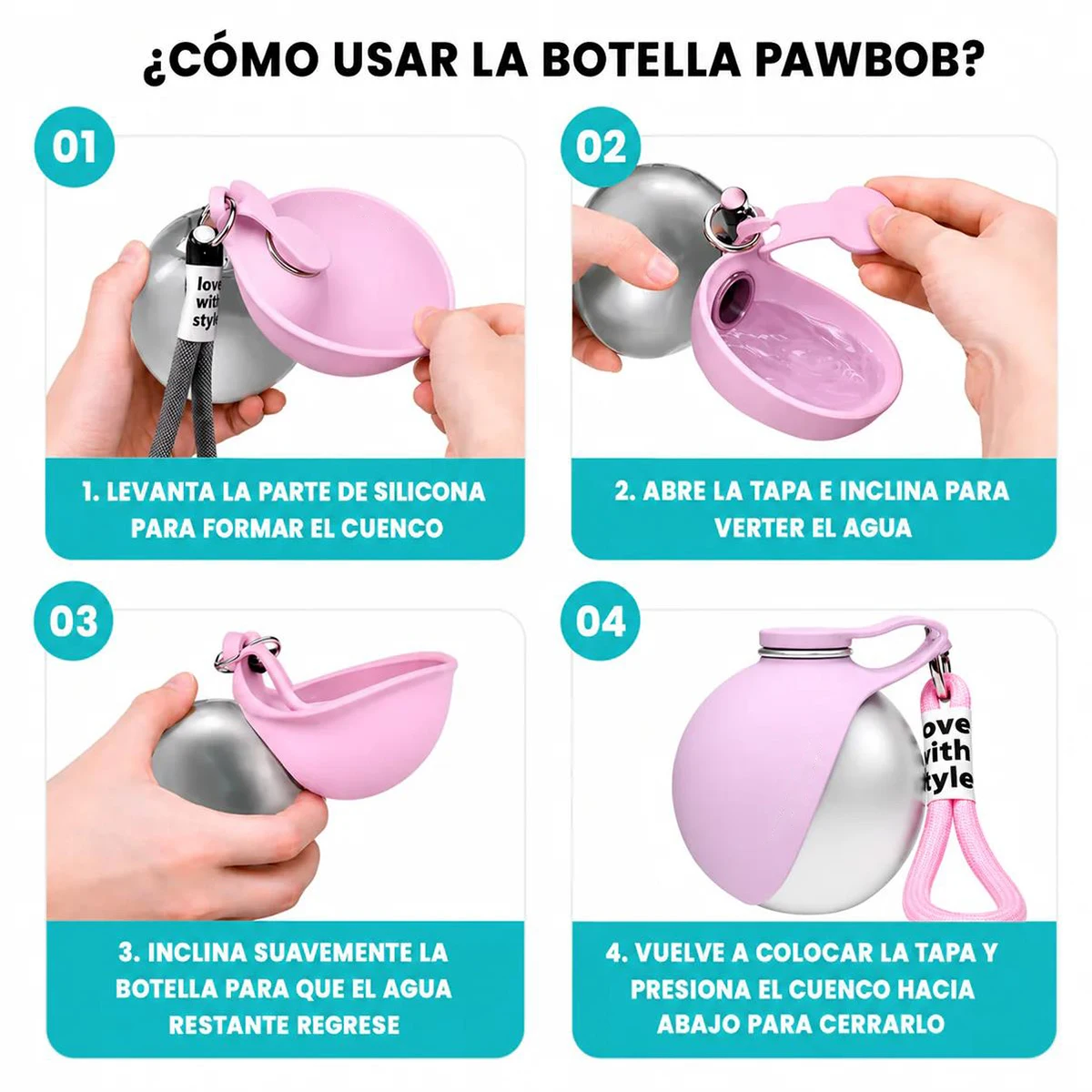 Copo de Água Portátil para Cães e Gatos em Aço Inoxidável com Tigela - Imagem 3