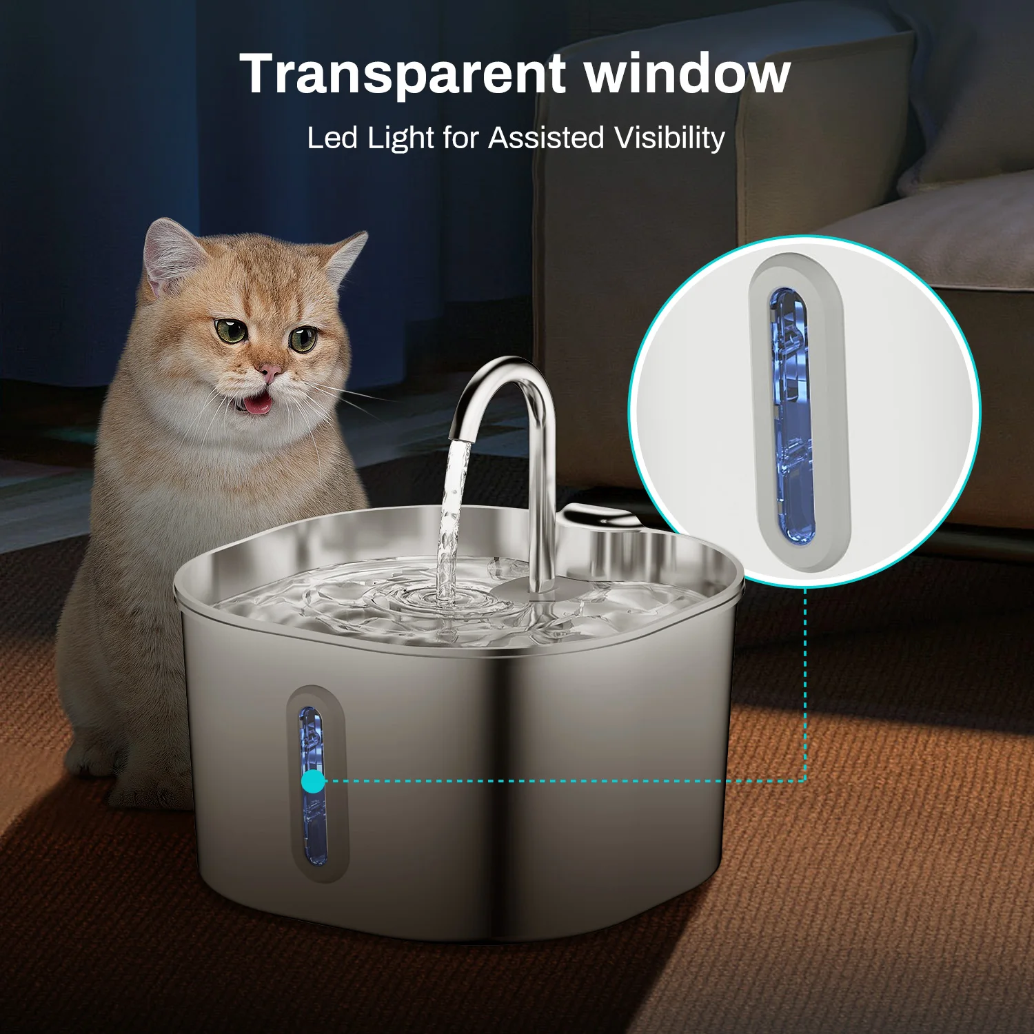 ZYFeeder Fonte de Água para Gatos e Cães 2.2 L Aço Inoxidável - Imagem 5