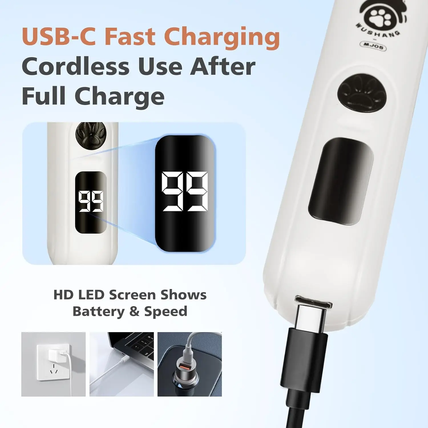 Lixadeira de Unhas para Cães e Gatos 3 Velocidades Recarregável USB-C - Imagem 3