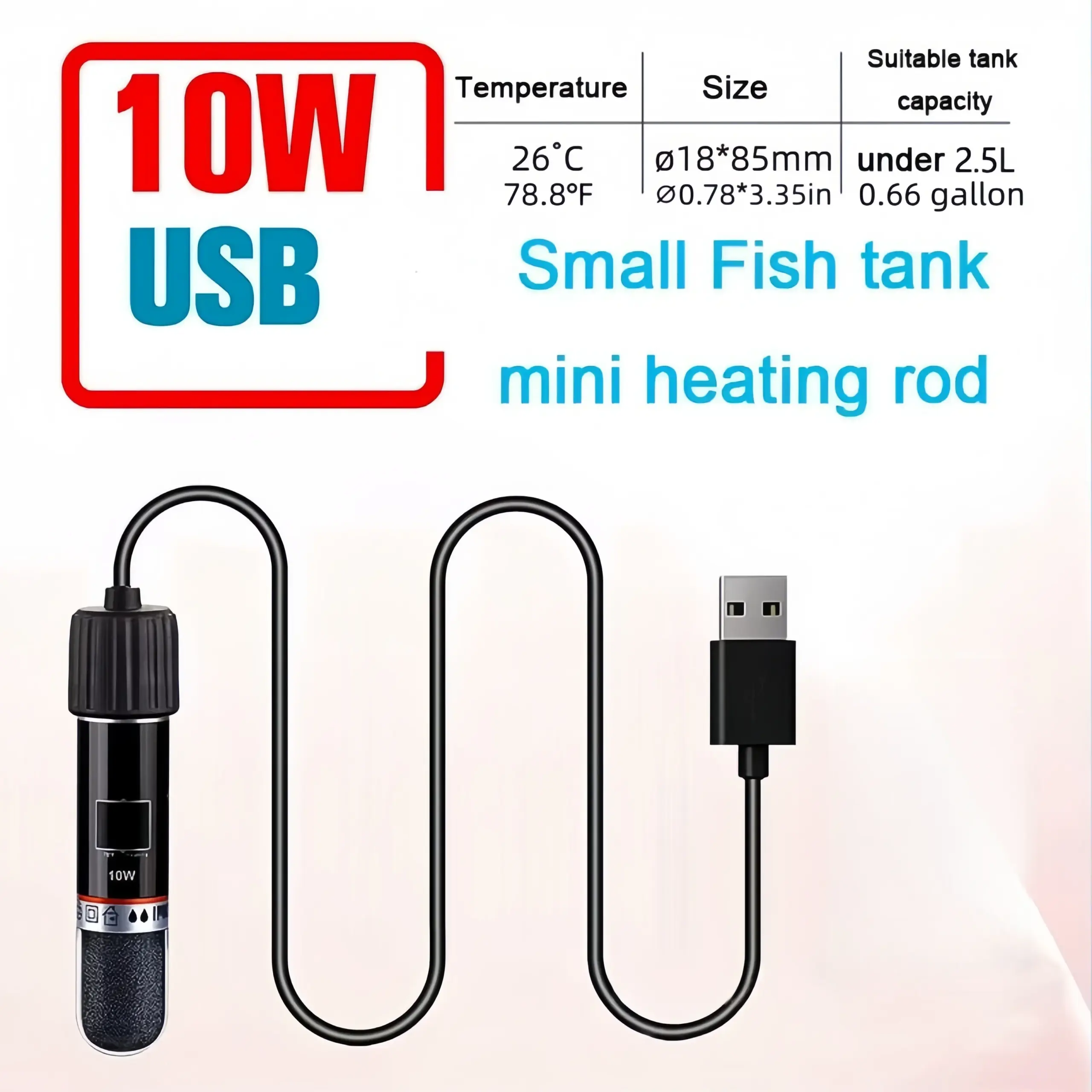 Aquecedor de Aquário Mini USB 10W com Termostato 26°C Submersível - Imagem 2