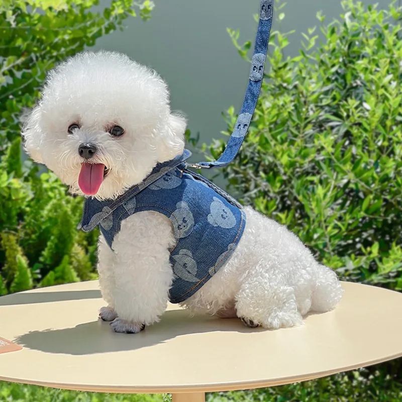 Coleira Peitoral Jeans para Cães e Gatos com Guia para Passeio - Imagem 4