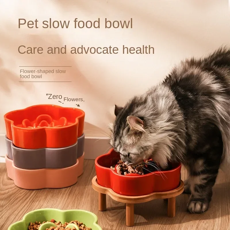 Tigela de Cerâmica Slow Feed para Gatos e Cães Pequenos com Suporte de Madeira - Image 3
