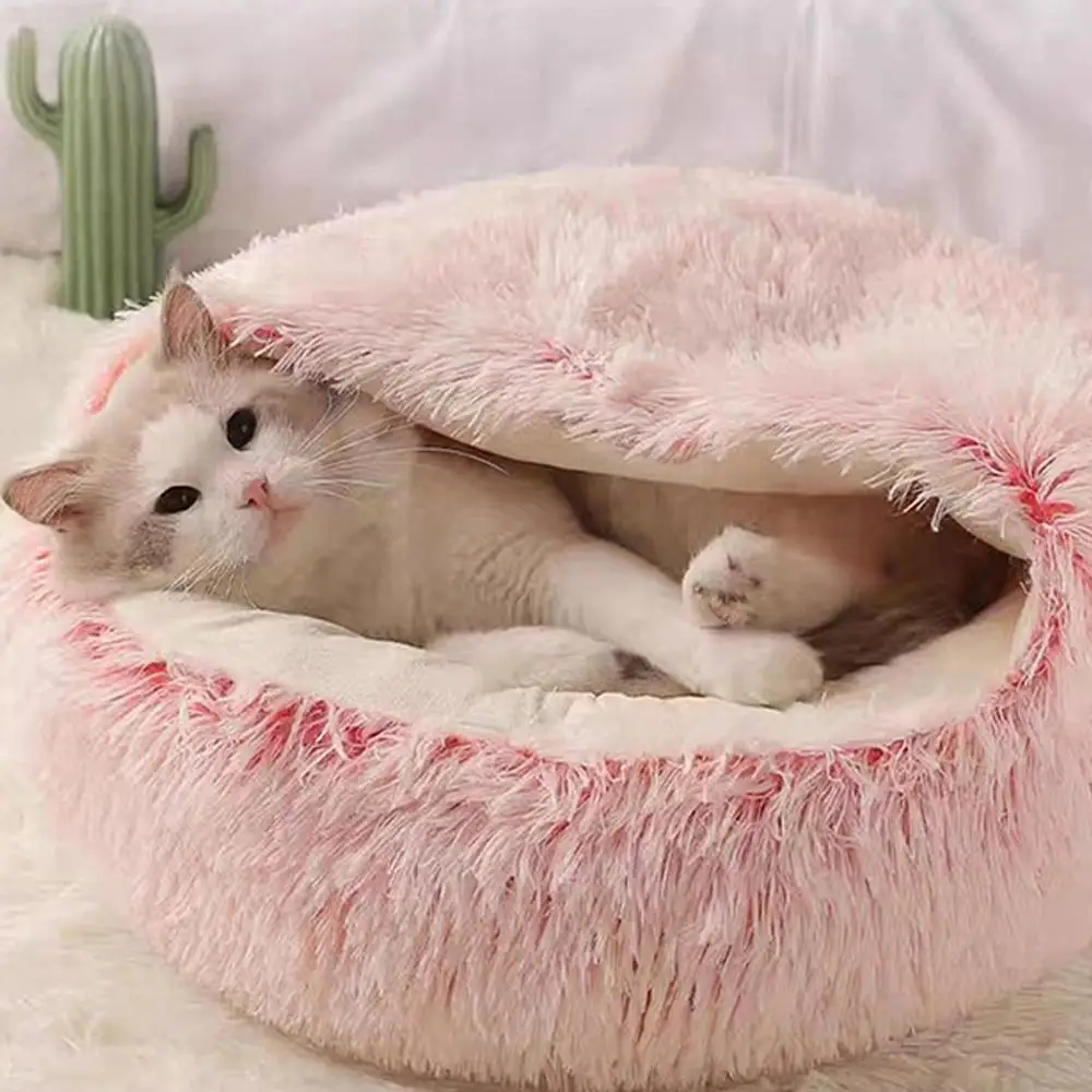 Cama de Pelúcia Redonda para Gatos 40 cm Semifechada Dobrável - Image 3
