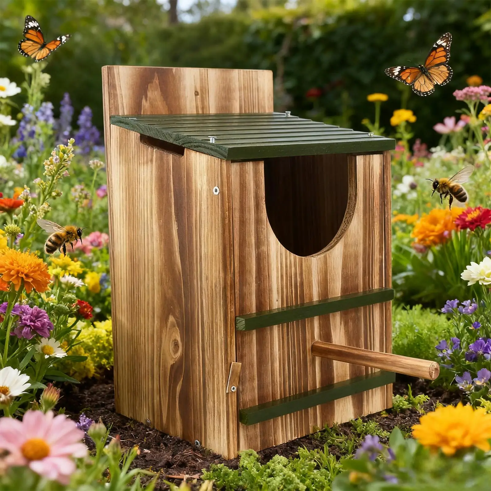 Caixa Ninho de Coruja de Madeira para Jardim 37x31x22cm Carbonizada - Imagem 2