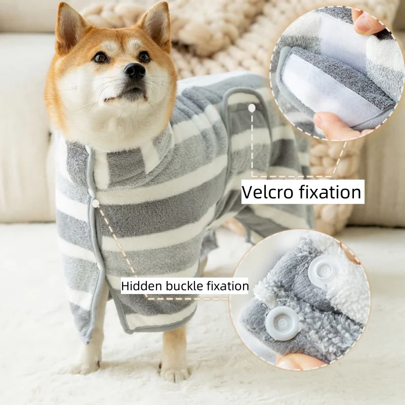 Roupão Listrado para Cães e Gatos de Fleece Coral Absorvente - Image 4