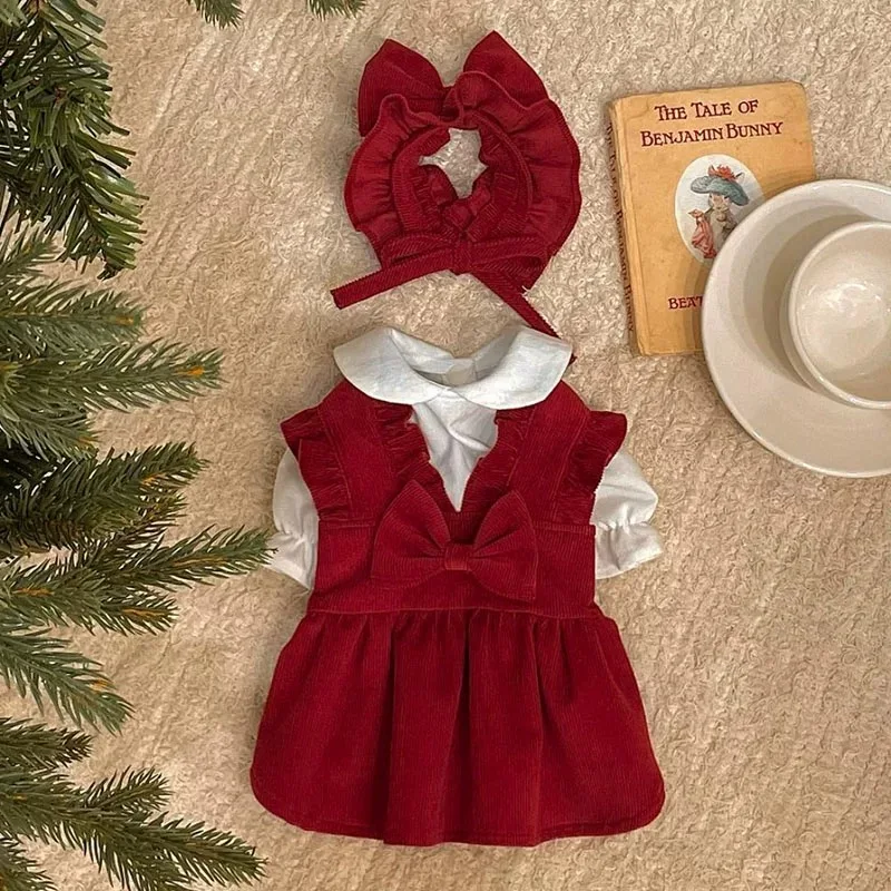 Vestido para Cães de Veludo Cotelê Vermelho para Outono Inverno - Imagem 6