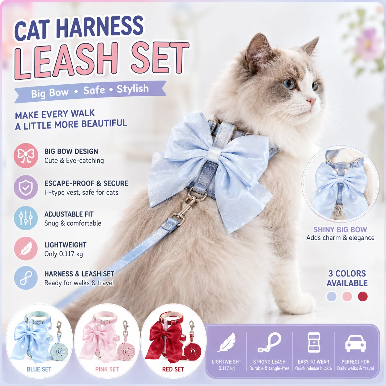 conjunto coleira e guia para gato
