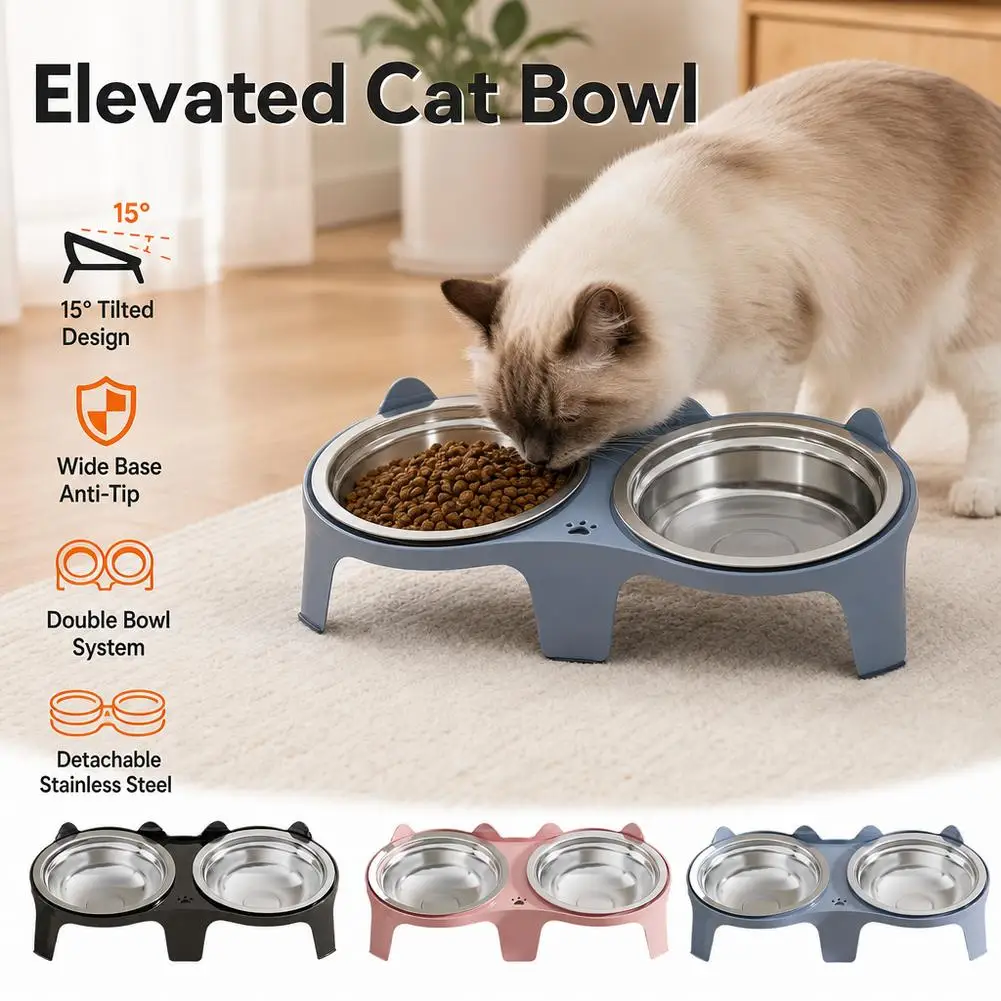 Tigela Dupla para Gatos Inox Elevada com Suporte de 8 cm - Imagem 2