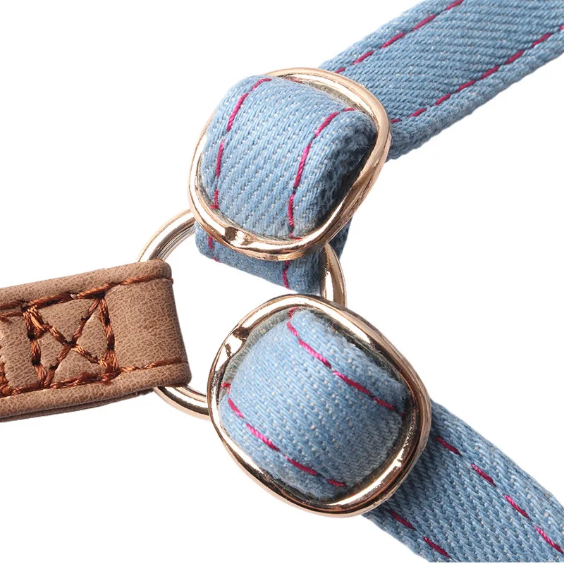 Conjunto Peitoral e Coleira para Cães Pequenos Jeans Algodão Ajustável - Image 5