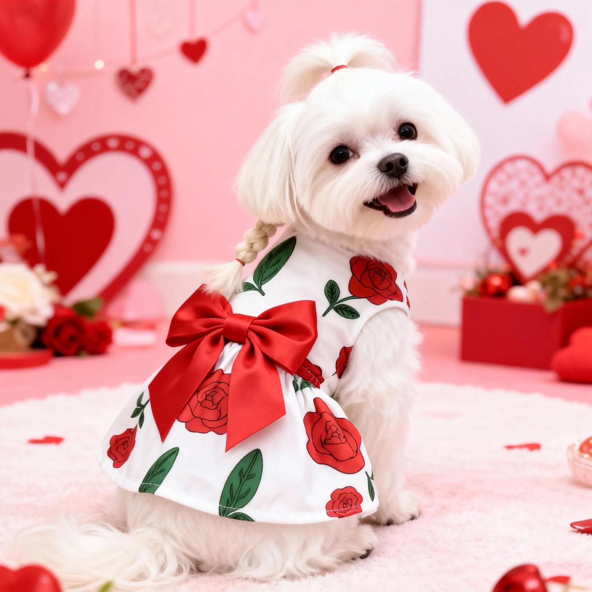 Vestido Estampado para Cães e Gatos com Laço Rosa para Festas - Image 2