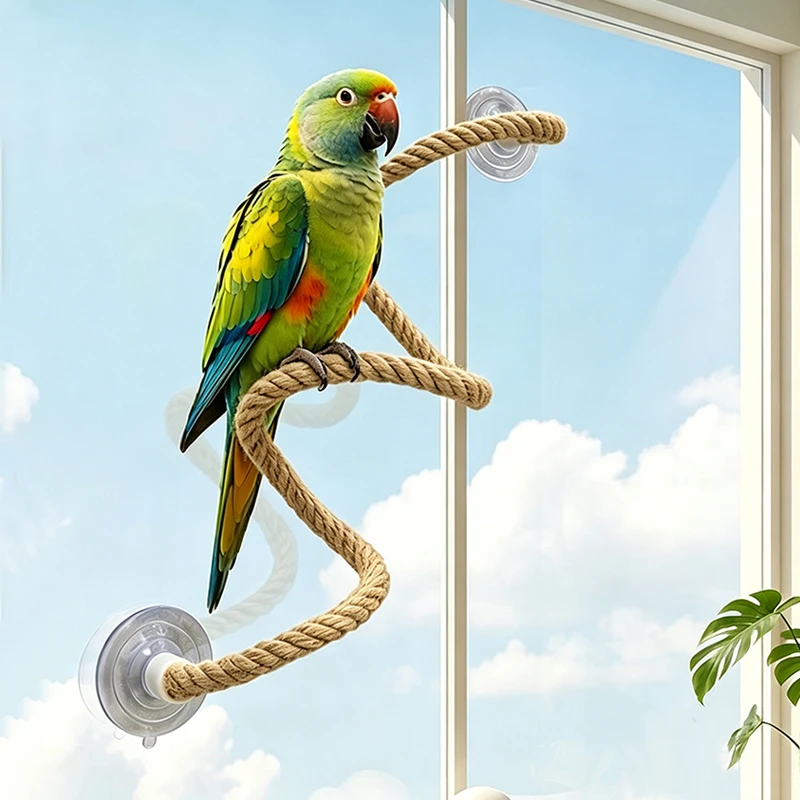 Poleiro Corda de Linho para Pássaros com Ventosa e Fio de Aço Interno - Imagem 5
