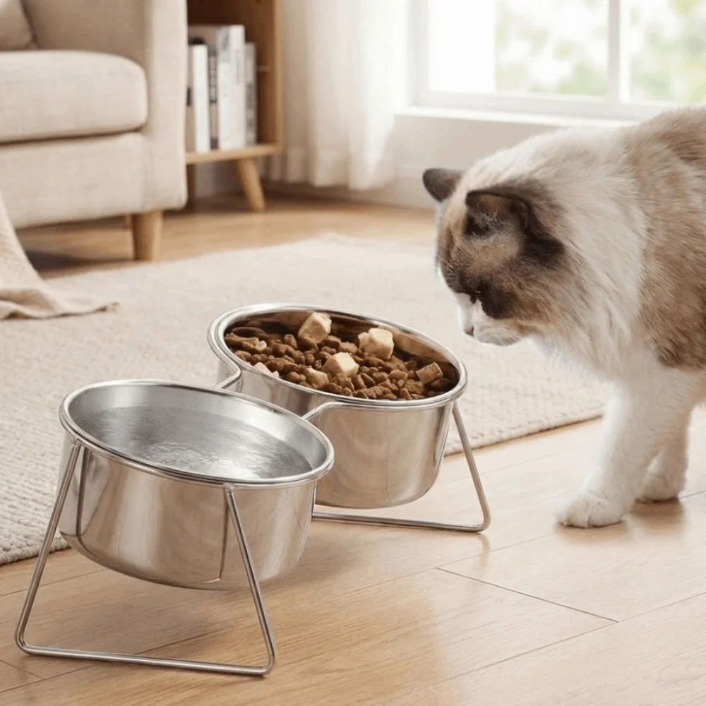 Tigela para Gatos de Aço Inoxidável com Suporte Antiderramamento - Image 4