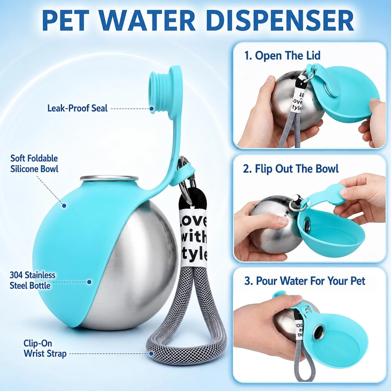 Garrafa de Água para Cães e Gatos de Inox 10oz com Tigela Dobrável - Image 4