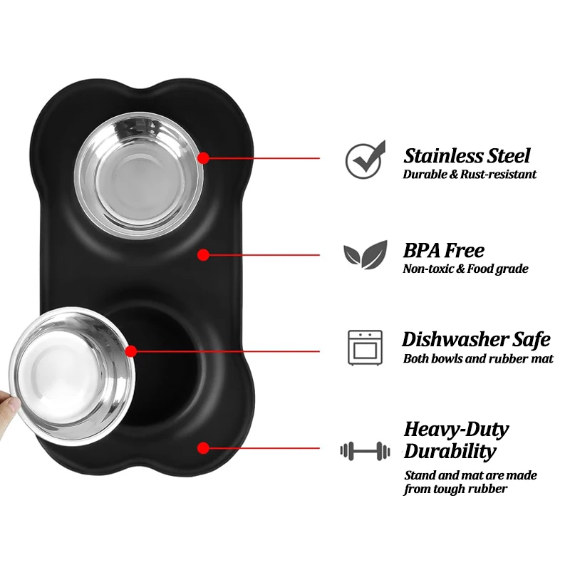 Comedouro Duplo para Cães e Gatos de Inox com Base Antiderrapante - Imagem 4
