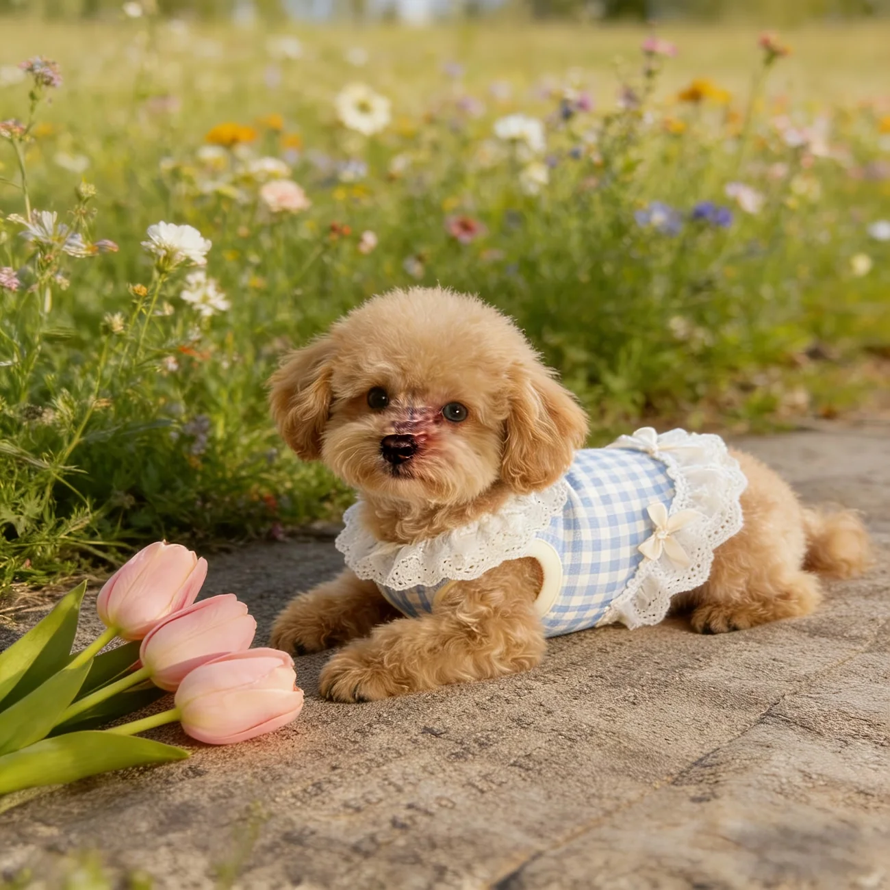Vestido Xadrez para Cães e Gatos Pequenos com Laço e Babados - Image 2