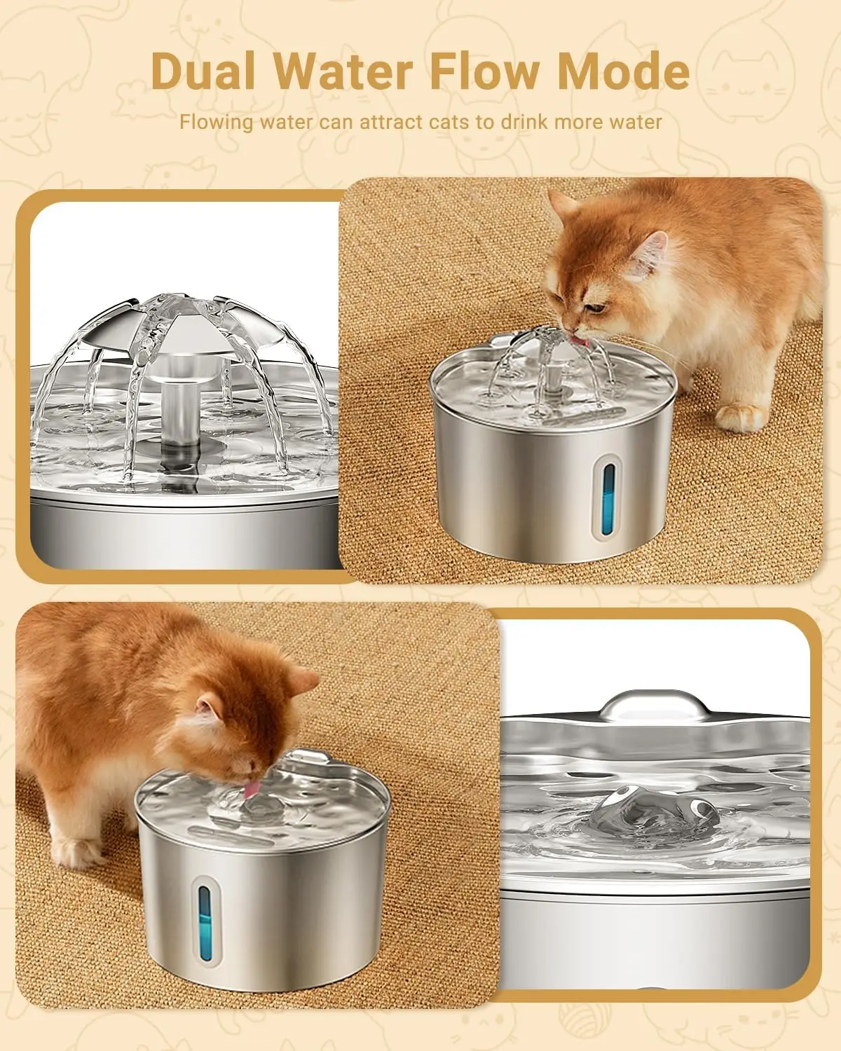 Fonte de Água para Pets 2,2L em Aço Inoxidável com Modo de Saída Dupla - Image 3
