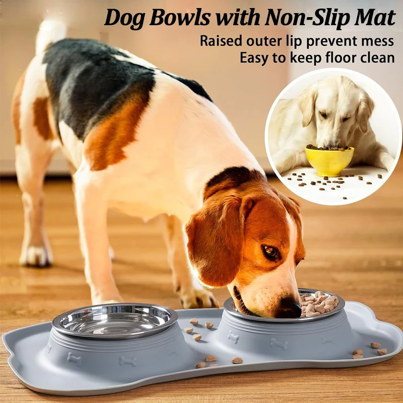 Comedouro Duplo para Cães e Gatos de Inox com Base Antiderrapante - Imagem 2