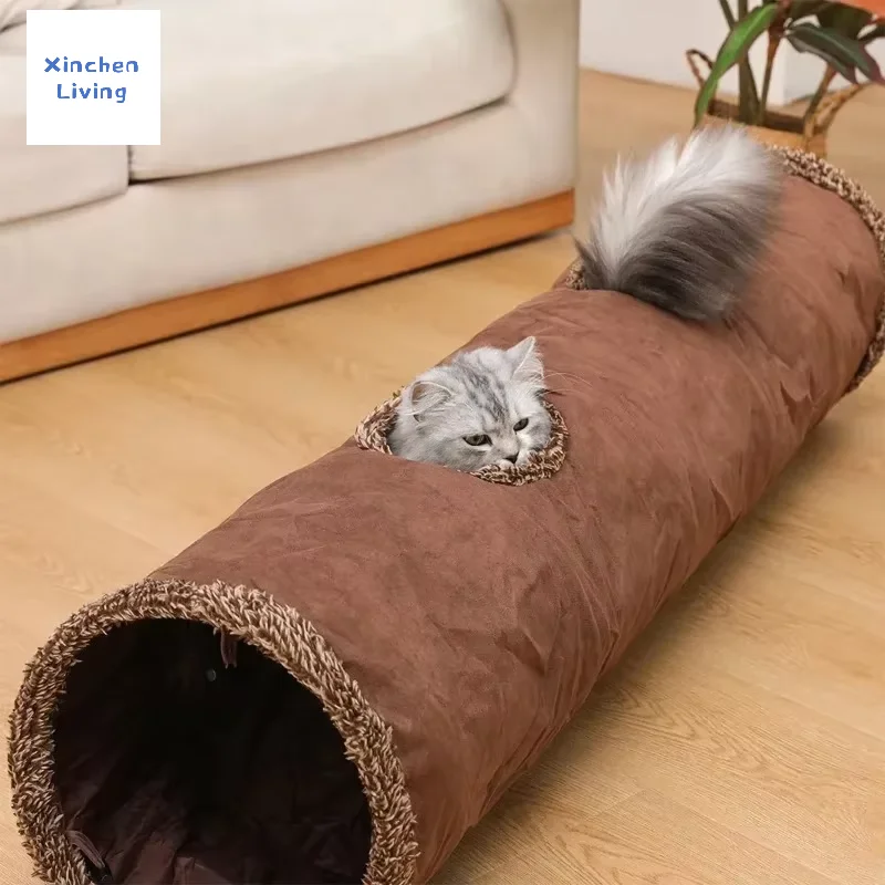 Túnel Dobrável para Gatos com Suede Marrom e Buracos de Observação - Image 3