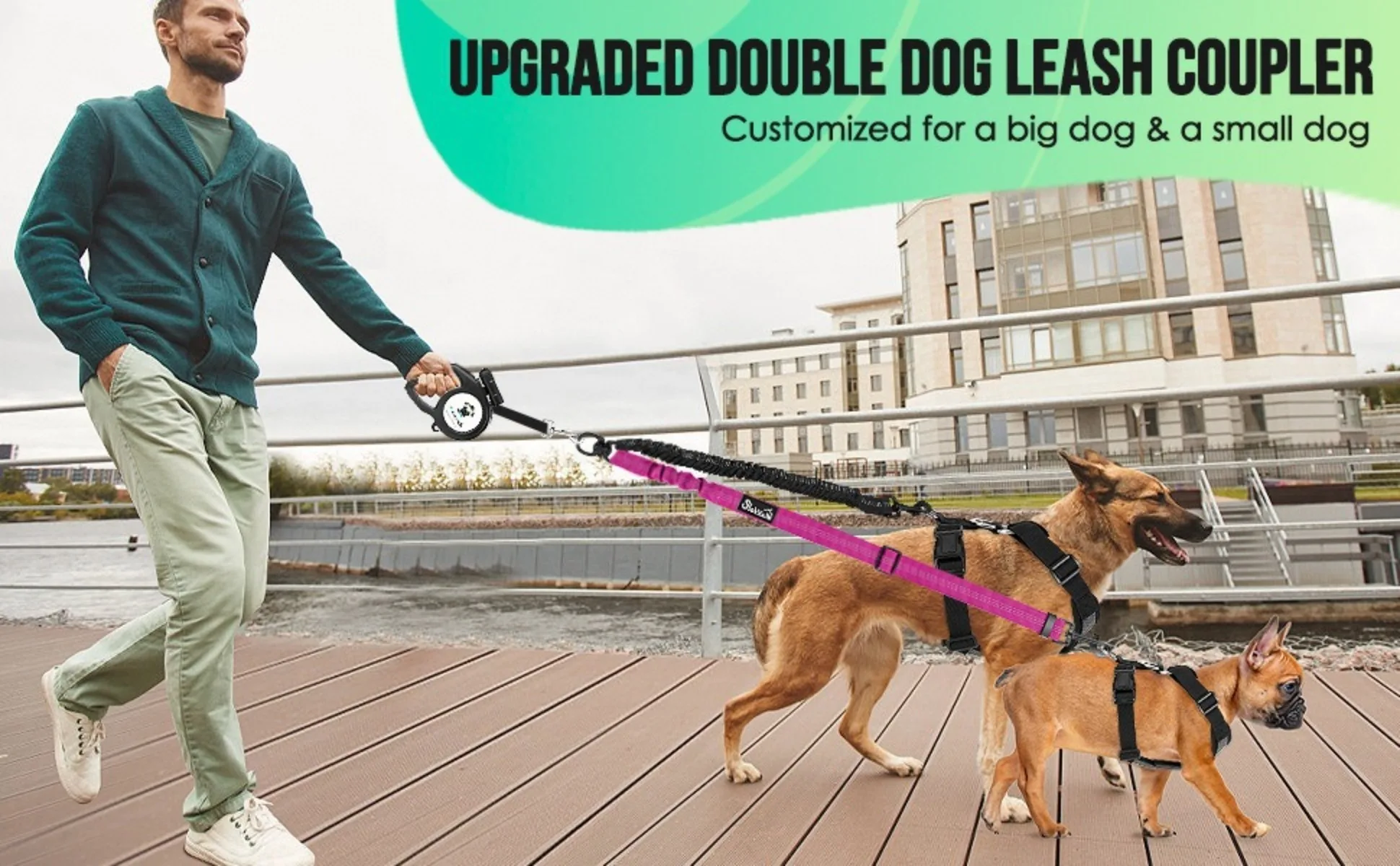 Corda Dupla para Cães com Alça Ajustável e Bungee - Imagem 3