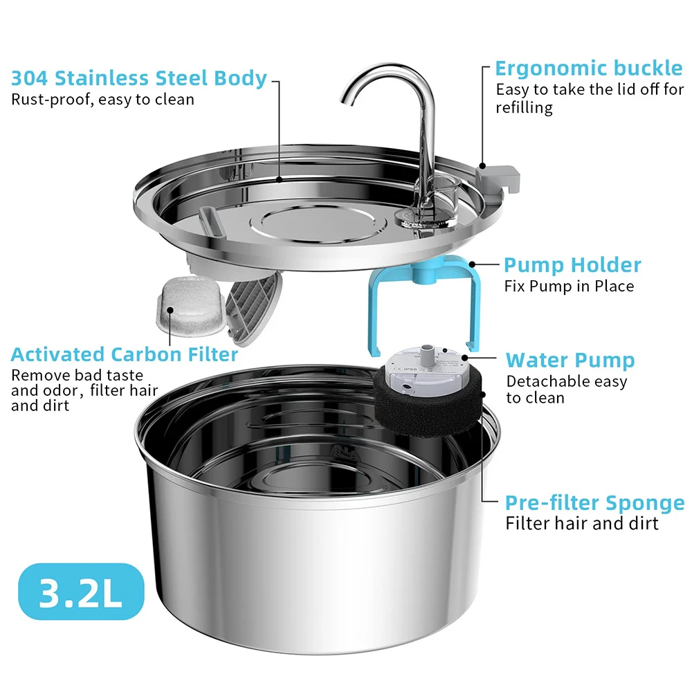 Fonte de Água Aço Inox 3 L para Cães e Gatos Ultra Silenciosa - Image 5