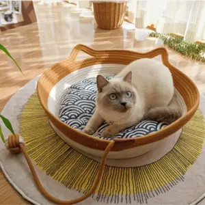 cama para gatos de papel trançado com almofada lavável