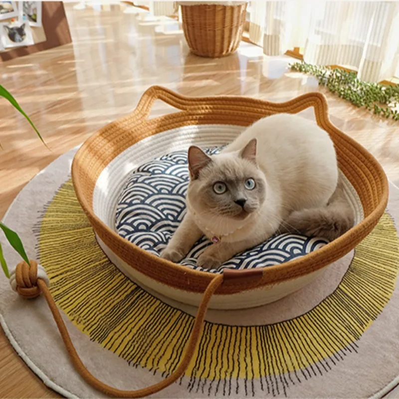 cama para gatos de papel trançado com almofada lavável