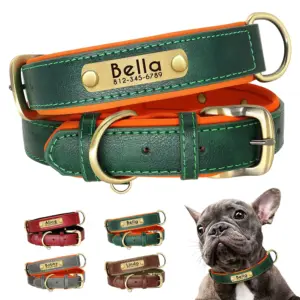 coleira de couro pu para cães com placa de identificação