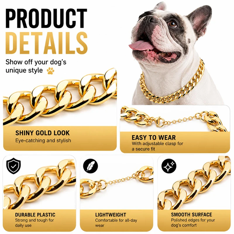 Coleira para Cães e Gatos de Plástico ABS Dourada com Corrente Extensível - Image 2